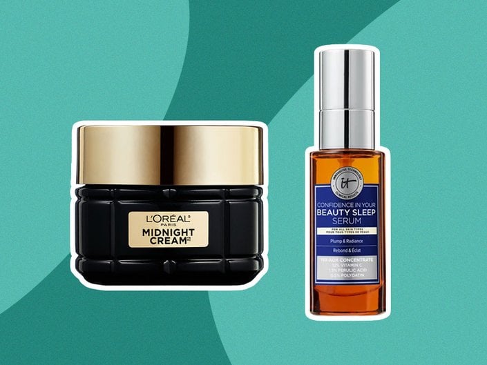 Image of the L’Oréal Paris Age Perfect Cell Renewal Midnight Cream and the IT Cosmetics Confidence in Your Beauty Sleep Triple Antioxidant Brightening Serum on a teal graphic background