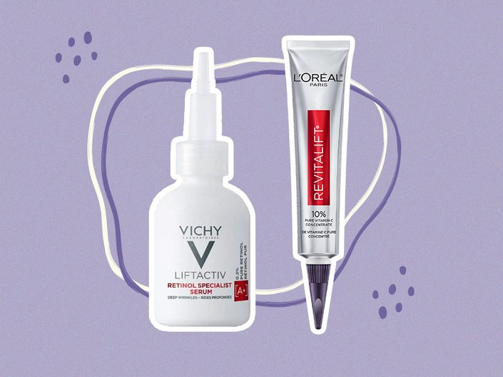Picture of a retinol serum and a vitamin c serum on a graphic purple background 