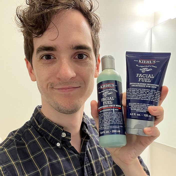 stephen holding the kiehls facial fuel line