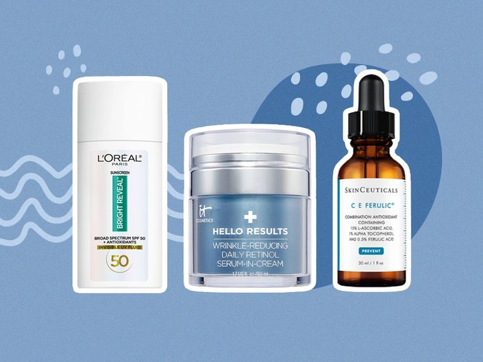 L’Oréal Paris Bright Reveal Broad Spectrum SPF 50 Daily UV Lotion, IT Cosmetics Hello Results Wrinkle-Reducing Daily Retinol Serum-in-Cream and SkinCeuticals C E Ferulic collaged on a blue background