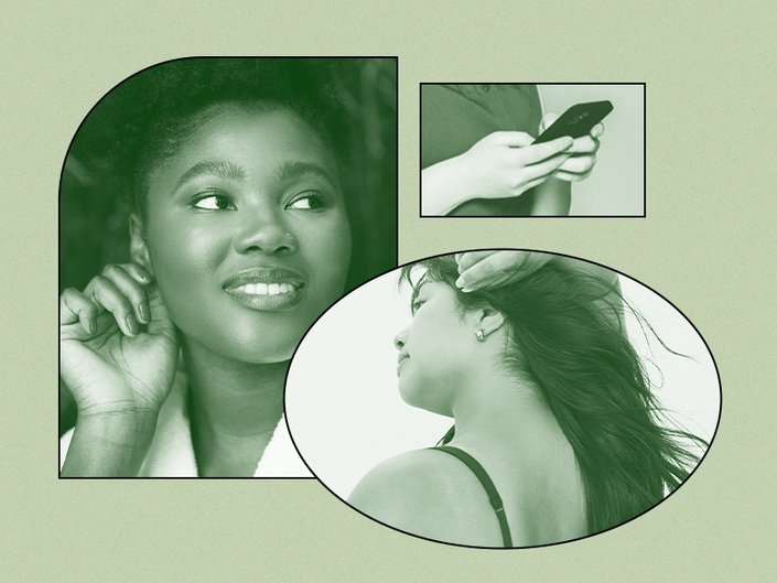 A collage of green-filtered photos on a green background. A model pulling back their hair and another model touching their ear.
