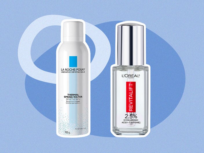 Picture of the La Roche-Posay Thermal Spring Water and the L'Oréal Paris Revitalift Derm Intensives 1.5% Hyaluronic Acid + 1% Caffeine Eye Serum on a blue graphic background  