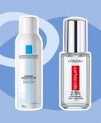 Picture of the La Roche-Posay Thermal Spring Water and the L'Oréal Paris Revitalift Derm Intensives 1.5% Hyaluronic Acid + 1% Caffeine Eye Serum on a blue graphic background  