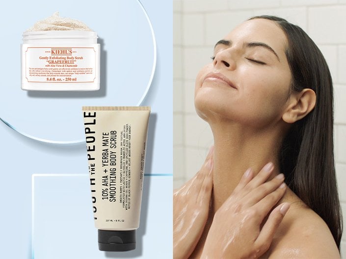 Person in shower using a body scrub