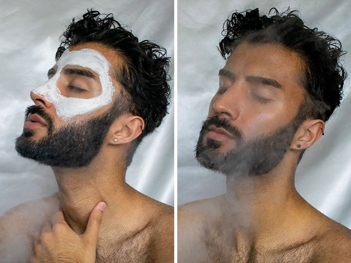 collage of photos of a person with a dark beard wearing skincare face mask and steaming their face
