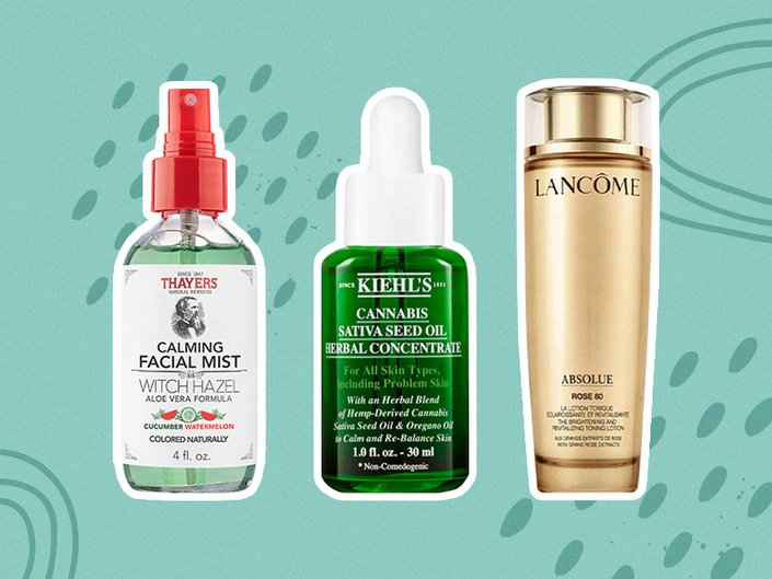 Picture of the Thayers Natural Remedies Calming Facial Mist, Kiehl’s Cannabis Sativa Seed Oil Herbal Concentrate Face Oil and Lancôme Absolue Rose 80 Toner on a green graphic background