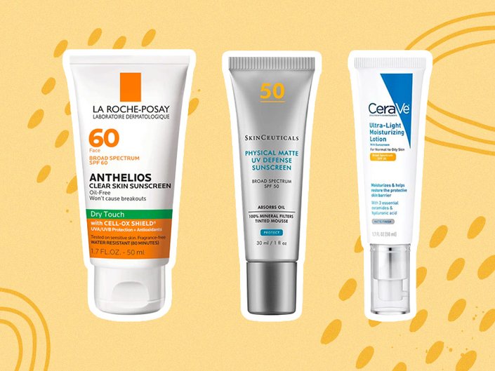 Image of the La Roche-Posay Anthelios Clear Skin Oil-Free Sunscreen SPF 60, SkinCeuticals Physical Matte UV Defense SPF 50 and the CeraVe Ultra-Light Moisturizing Lotion SPF 30 on a graphic yellow background