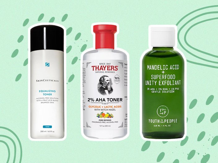 Picture of the SkinCeuticals Equalizing Toner, Thayers Natural Remedies 2% AHA Exfoliating Toner and Youth to the People Mandelic Acid + Superfood Unity Exfoliant on a green graphic background