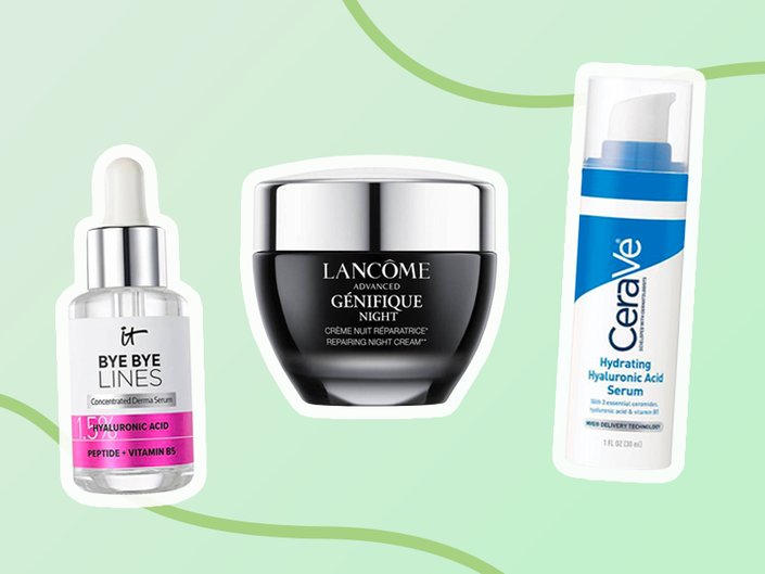 IT Cosmetics Bye Bye Lines Hyaluronic Acid Serum, Lancôme Advanced Génefique Night Cream, CeraVe Hydrating Hyaluronic Acid Serum  collaged on a light green background